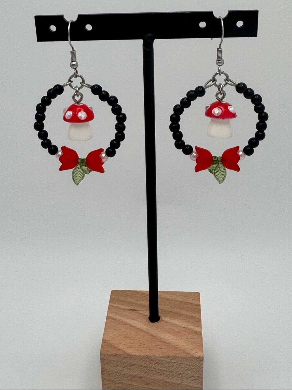 Handmade Red Mushroom Hoop Earrings with Black Beads and Flowers